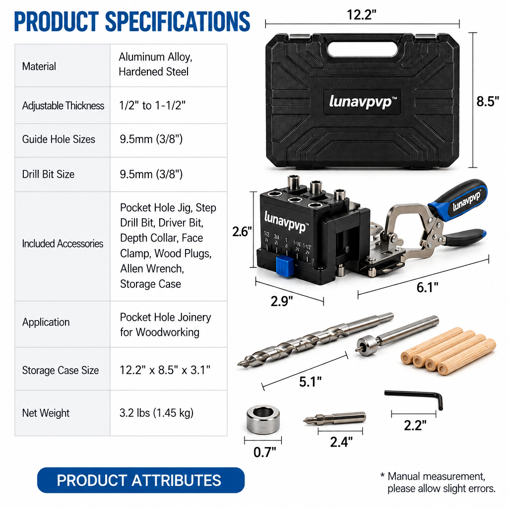 lunavpvp™ Pocket Hole Jig Kit, Adjustable Drill Guide for 1/2–1-1/2-Inch Stock with Face Clamp and Storage Case