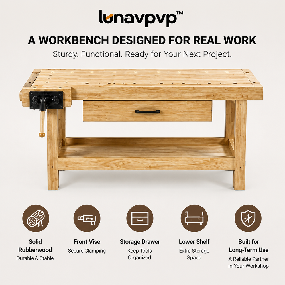 lunavpvp™ 60-Inch Solid Rubberwood Woodworking Workbench with Front Vise, Storage Drawer and Lower Shelf