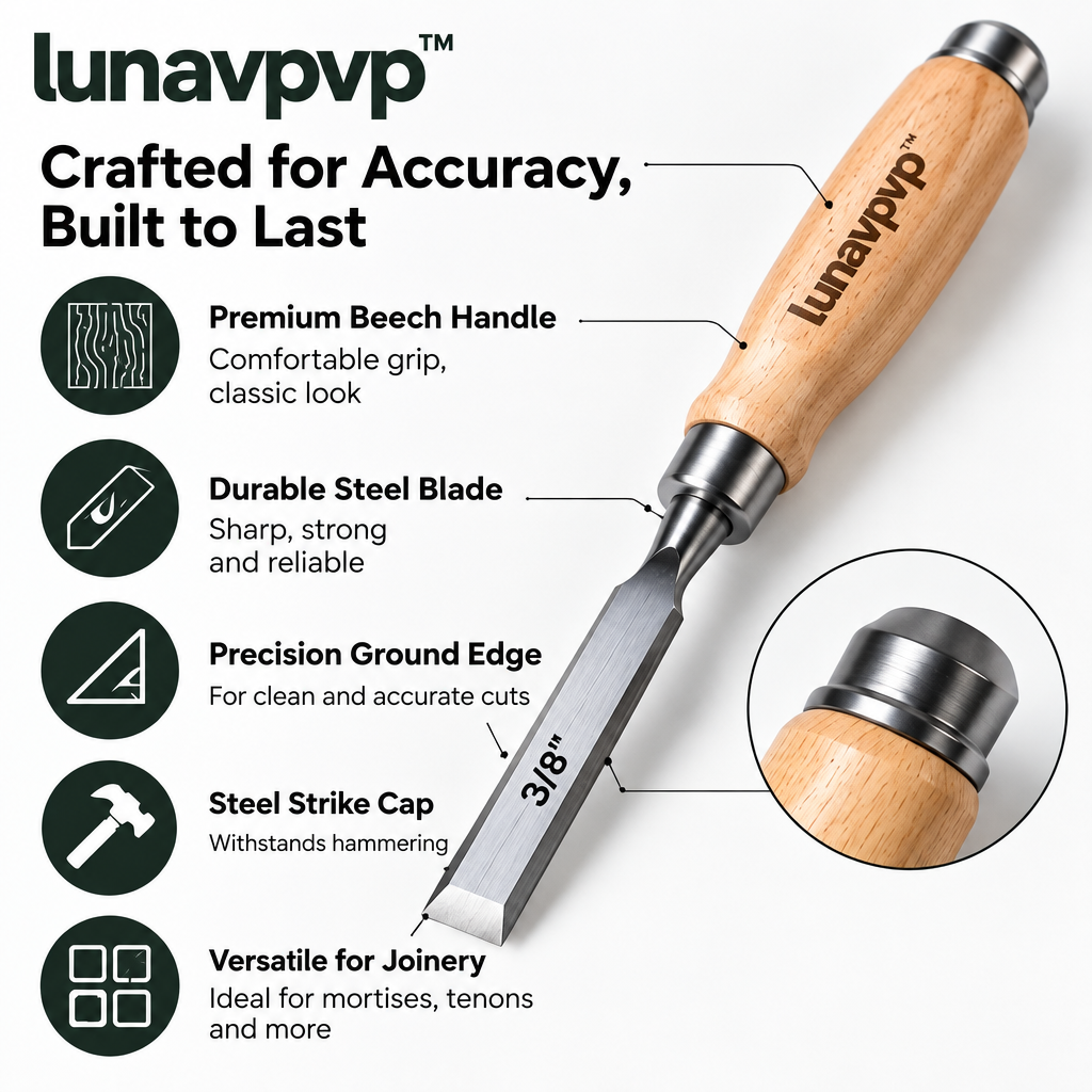 lunavpvp™ Mortise Chisel Set, 3-Piece, 1/4-Inch, 3/8-Inch and 1/2-Inch Joinery Chisels with Beech Handles