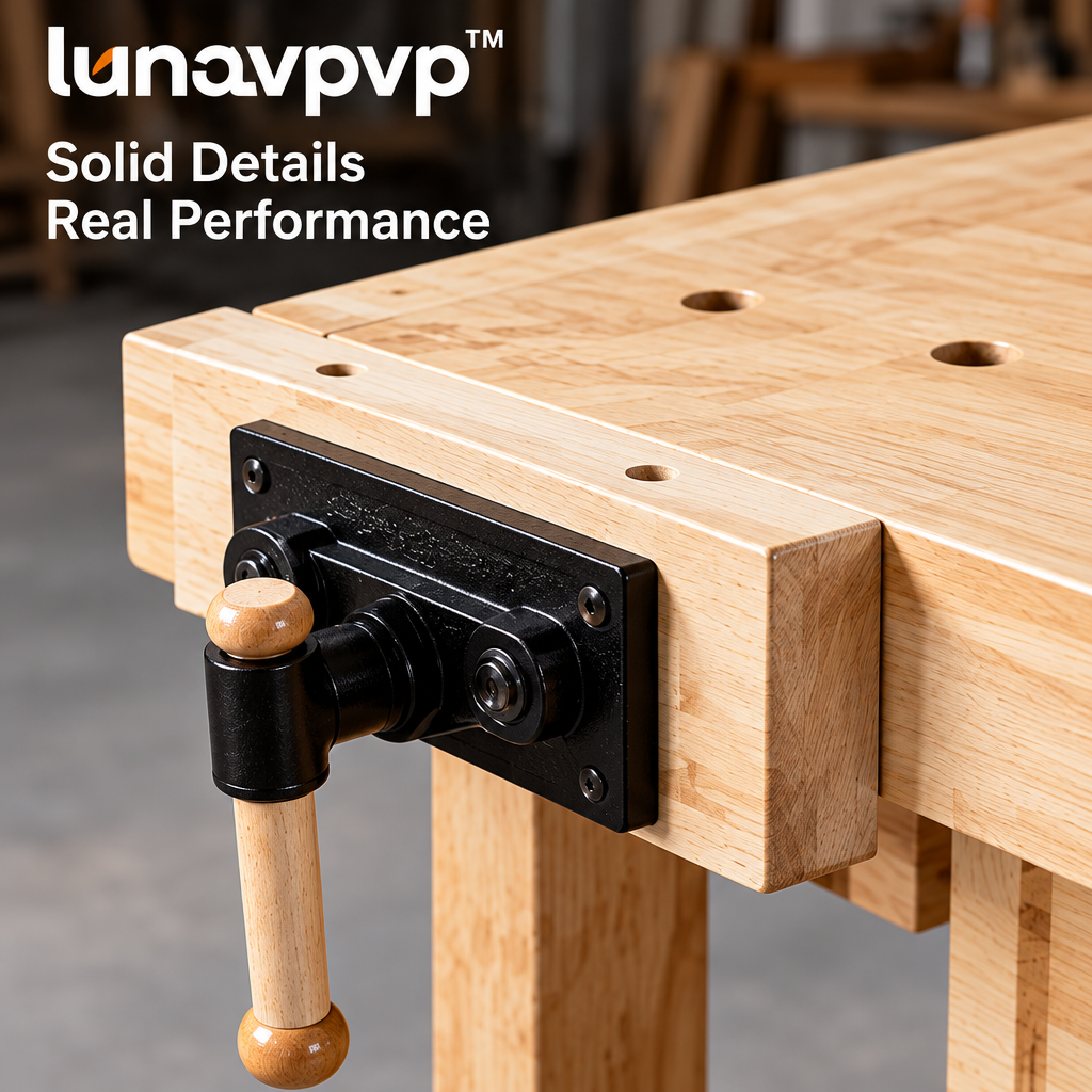 lunavpvp™ 60-Inch Solid Rubberwood Woodworking Workbench with Front Vise, Storage Drawer and Lower Shelf