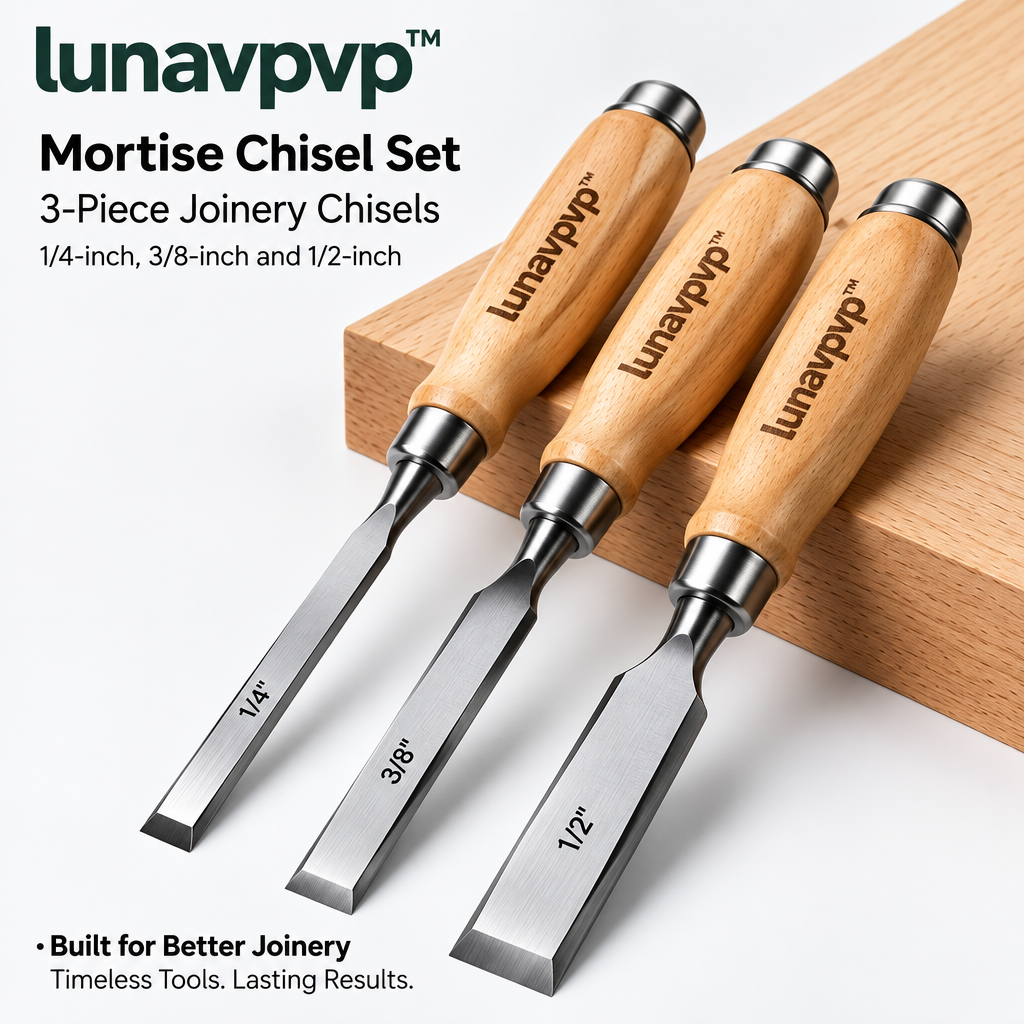 lunavpvp™ Mortise Chisel Set, 3-Piece, 1/4-Inch, 3/8-Inch and 1/2-Inch Joinery Chisels with Beech Handles
