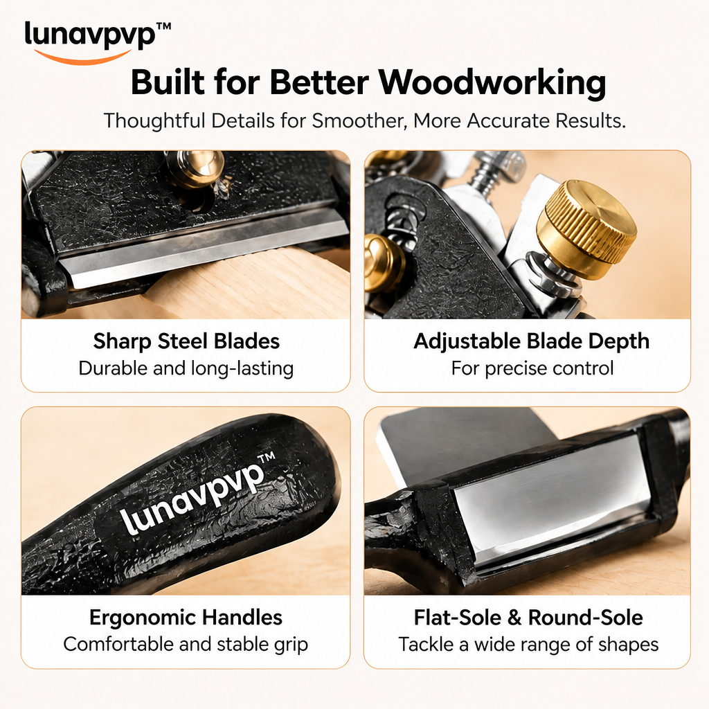 lunavpvp™ Adjustable Spokeshave Set, Flat-Sole and Round-Sole Wood Shaping Tools with Steel Blades, 2-Piece