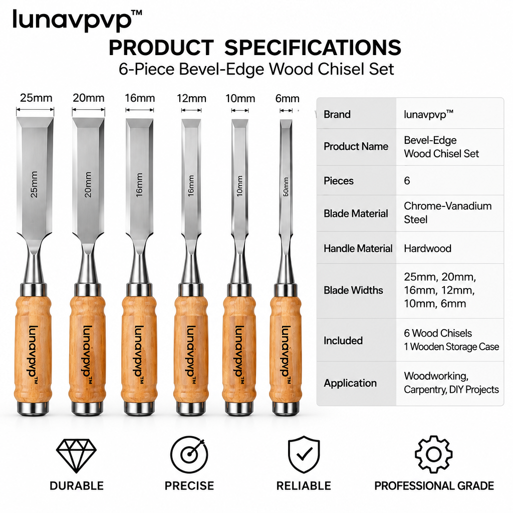 lunavpvp™ Bevel-Edge Wood Chisel Set, 6-Piece, Chrome-Vanadium Steel Blades with Hardwood Handles and Storage Case
