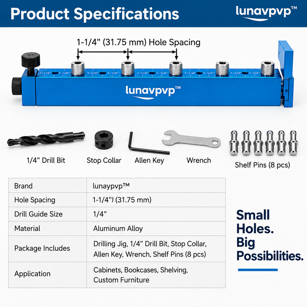 lunavpvp™ Shelf Pin Drilling Jig Kit, 1/4-Inch Drill Guide with 1-1/4-Inch Hole Spacing for Cabinets and Bookcases