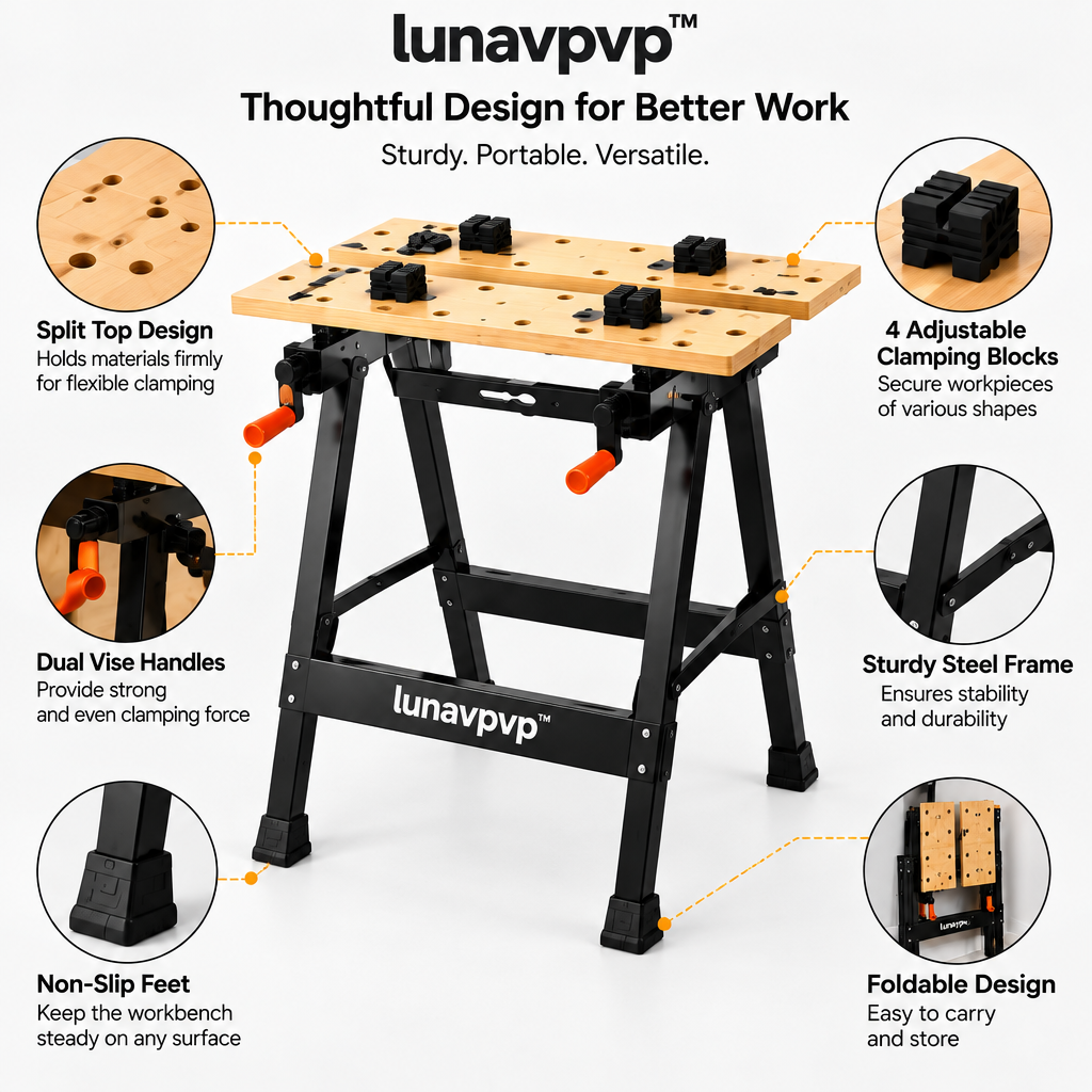 lunavpvp™ Folding Clamping Workbench, Portable Woodworking Table with Split Top, Dual Vise Handles and Four Bench Dogs