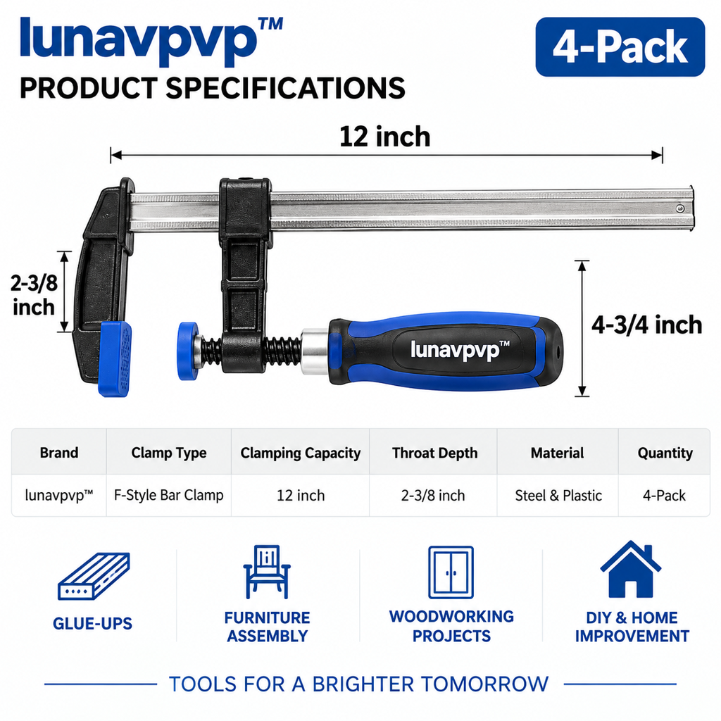lunavpvp™ 12-Inch F-Style Woodworking Bar Clamp Set, 4-Pack, Screw-Tightening Clamps for Glue-Ups and Furniture Assembly