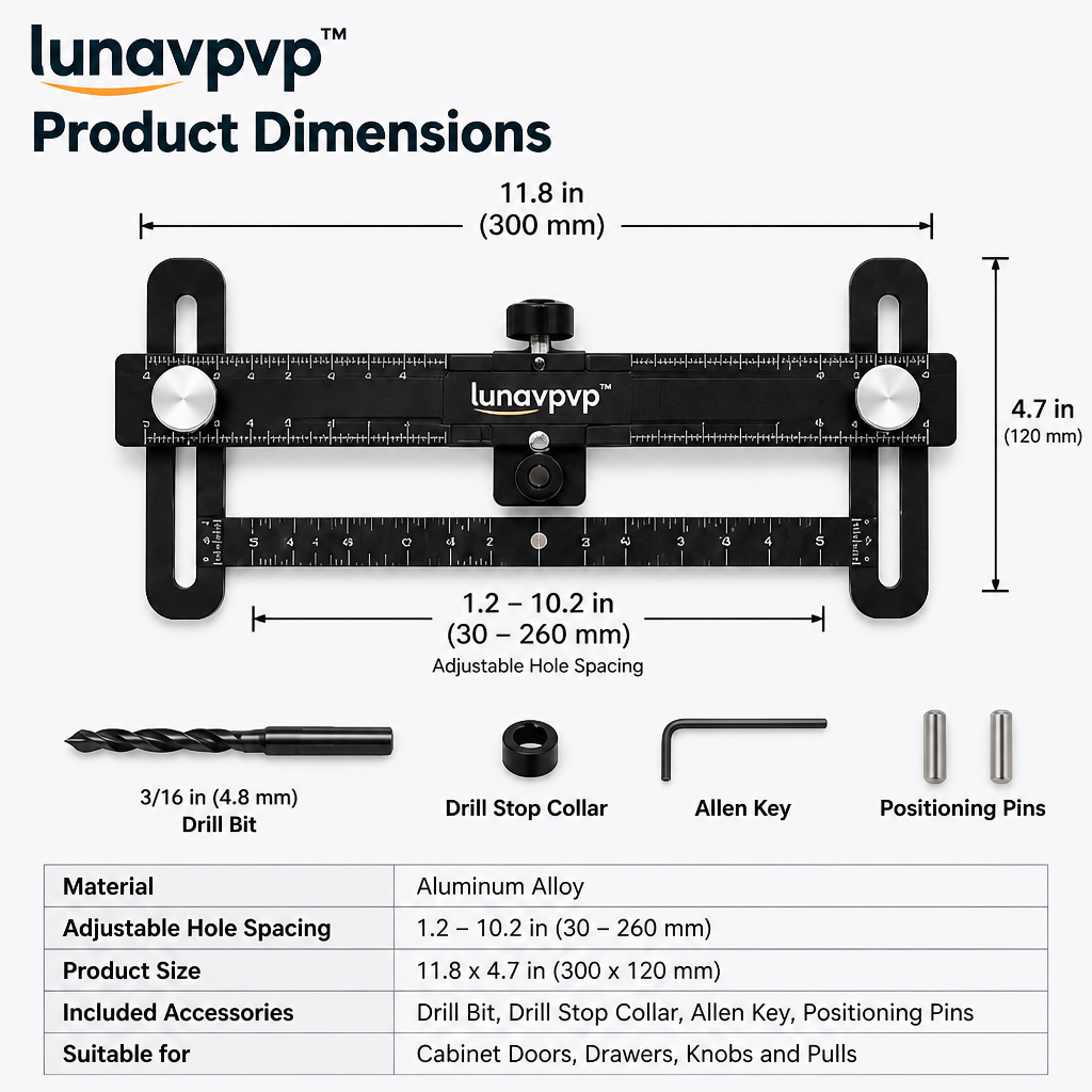 lunavpvp™ Cabinet Handle Drilling Jig, Adjustable Aluminum Installation Template for Knobs and Drawer Pulls