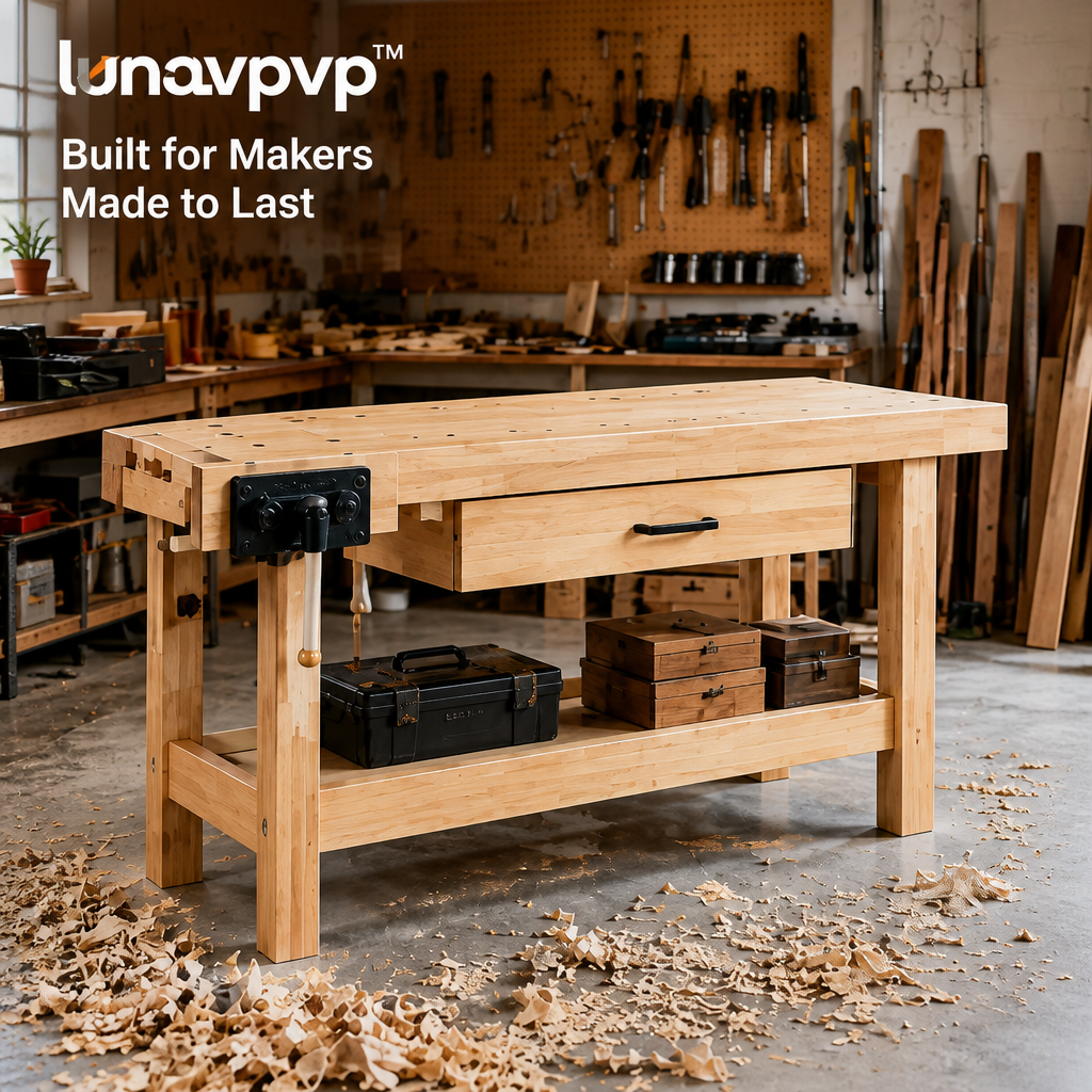 lunavpvp™ 60-Inch Solid Rubberwood Woodworking Workbench with Front Vise, Storage Drawer and Lower Shelf