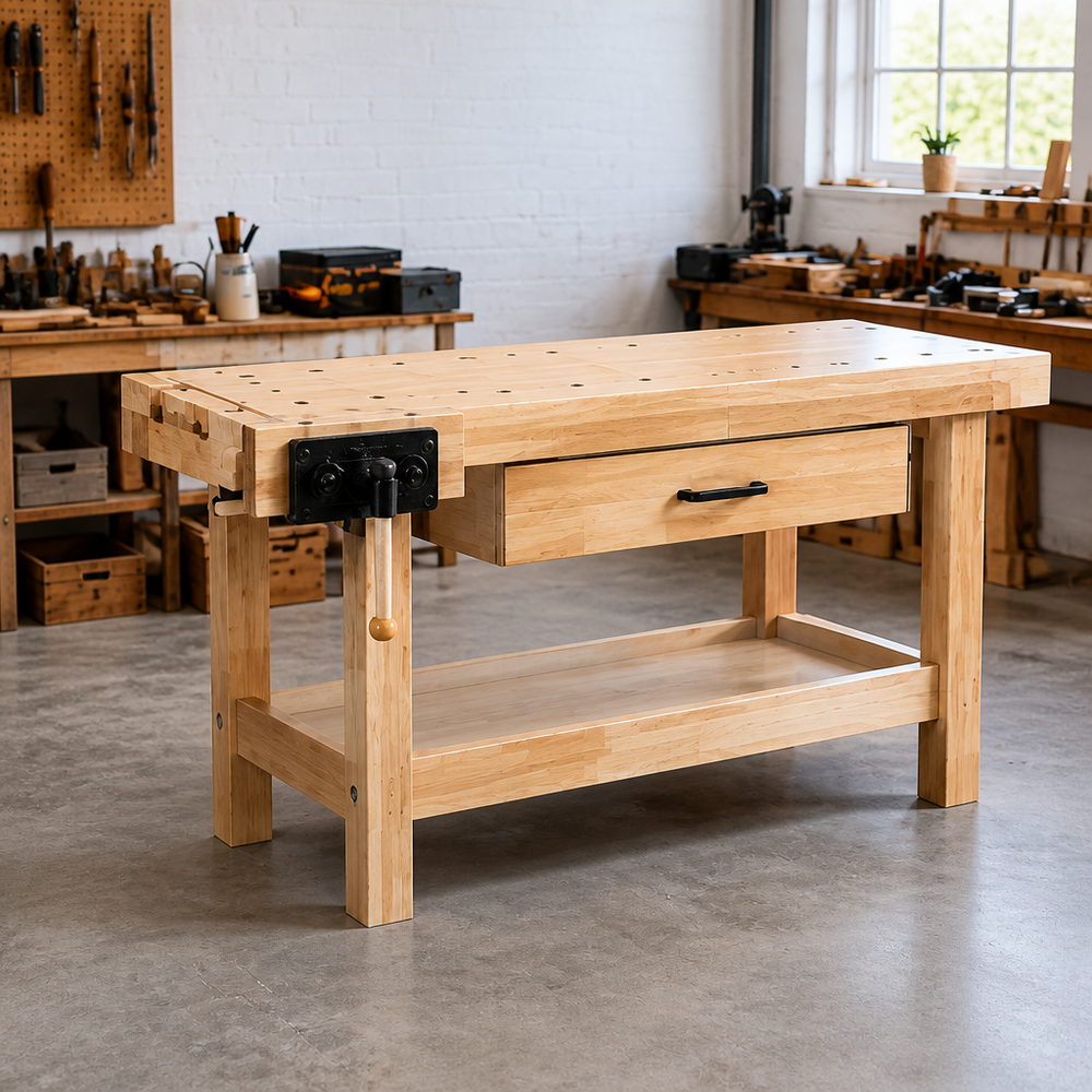 lunavpvp™ 60-Inch Solid Rubberwood Woodworking Workbench with Front Vise, Storage Drawer and Lower Shelf