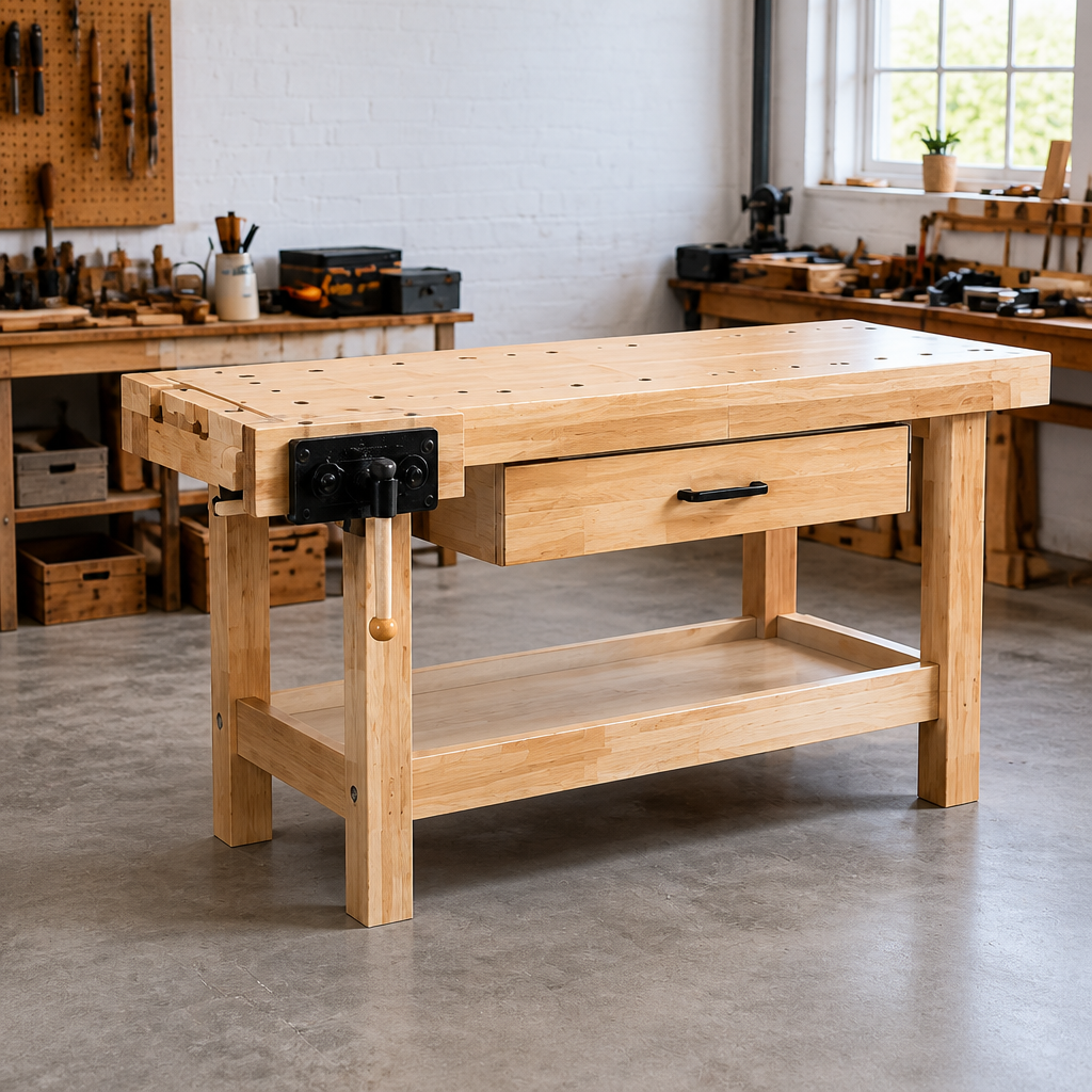 lunavpvp™ 60-Inch Solid Rubberwood Woodworking Workbench with Front Vise, Storage Drawer and Lower Shelf