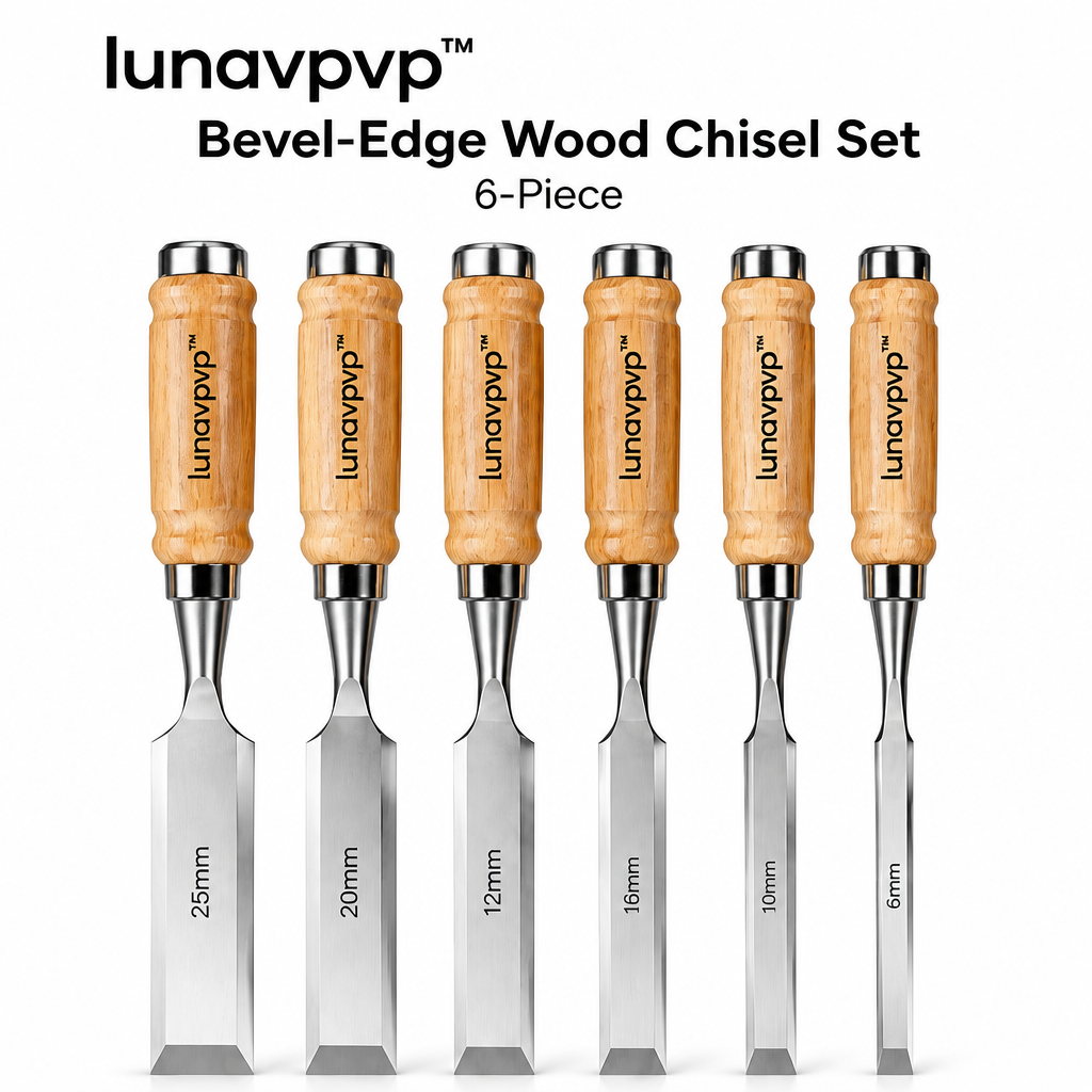 lunavpvp™ Bevel-Edge Wood Chisel Set, 6-Piece, Chrome-Vanadium Steel Blades with Hardwood Handles and Storage Case