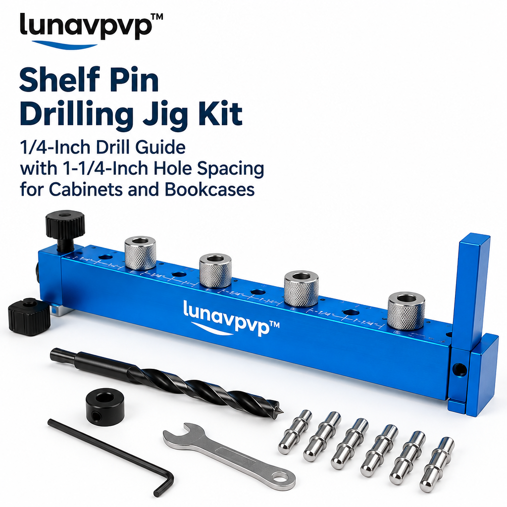 lunavpvp™ Shelf Pin Drilling Jig Kit, 1/4-Inch Drill Guide with 1-1/4-Inch Hole Spacing for Cabinets and Bookcases