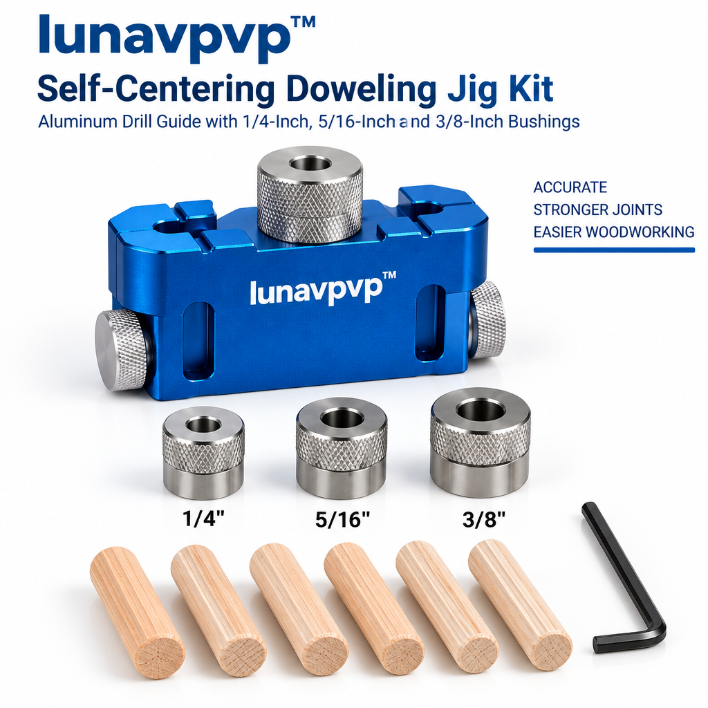 lunavpvp™ Self-Centering Doweling Jig Kit, Aluminum Drill Guide with 1/4-Inch, 5/16-Inch and 3/8-Inch Bushings