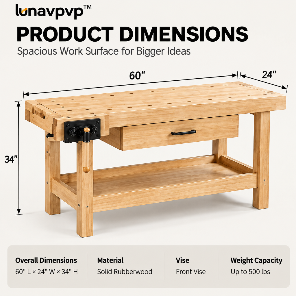 lunavpvp™ 60-Inch Solid Rubberwood Woodworking Workbench with Front Vise, Storage Drawer and Lower Shelf