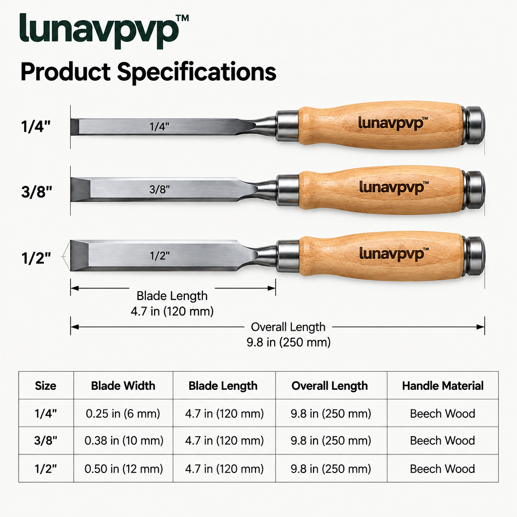 lunavpvp™ Mortise Chisel Set, 3-Piece, 1/4-Inch, 3/8-Inch and 1/2-Inch Joinery Chisels with Beech Handles