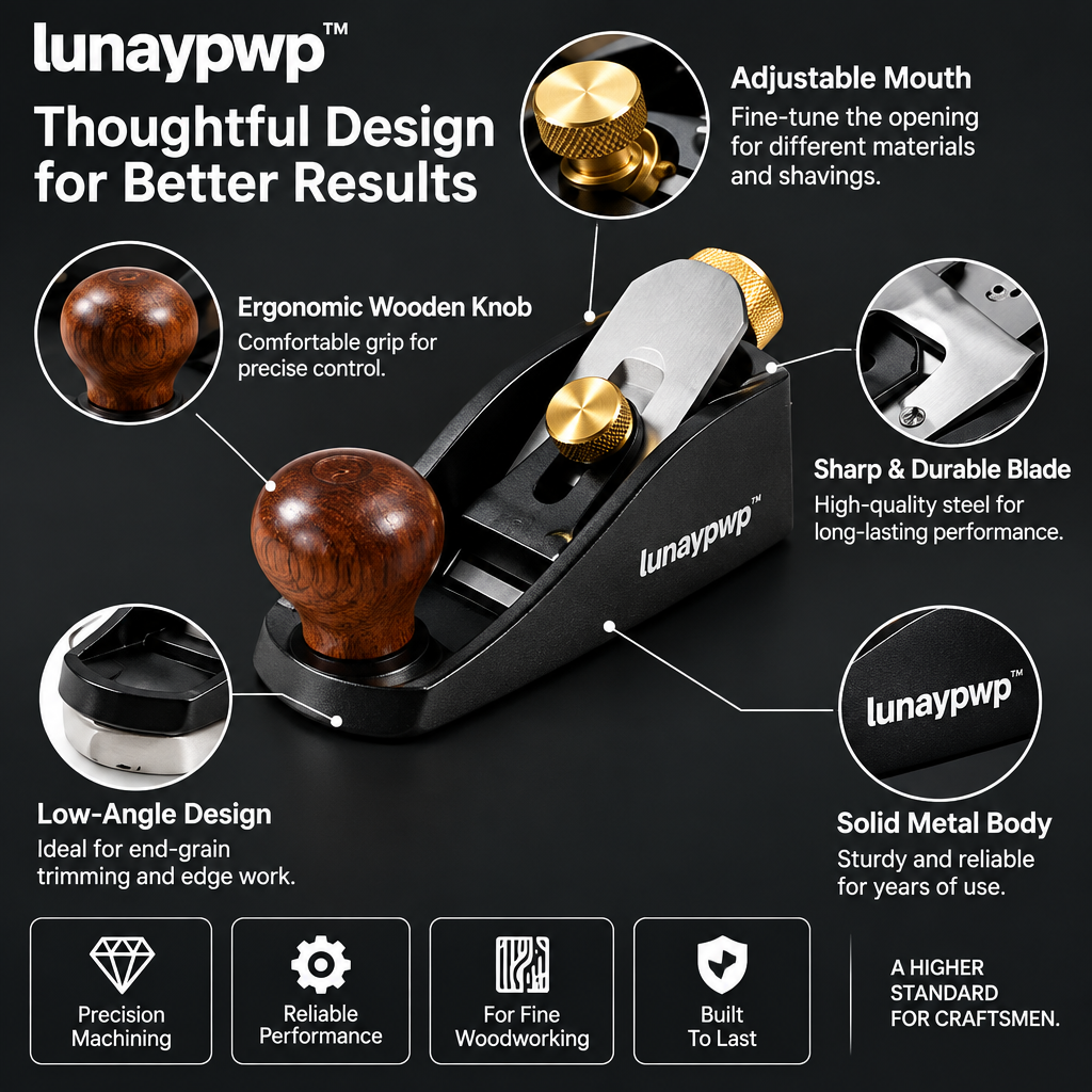 lunavpvp™ Low-Angle Block Plane, 6-1/4-Inch Hand Plane with Adjustable Mouth for End-Grain Trimming and Edge Chamfering