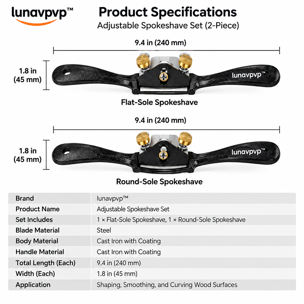 lunavpvp™ Adjustable Spokeshave Set, Flat-Sole and Round-Sole Wood Shaping Tools with Steel Blades, 2-Piece