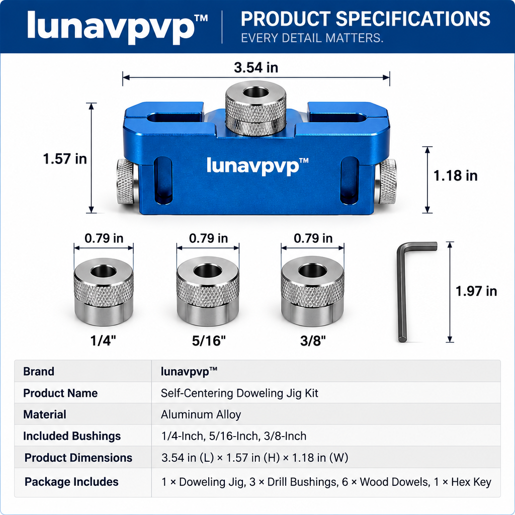 lunavpvp™ Self-Centering Doweling Jig Kit, Aluminum Drill Guide with 1/4-Inch, 5/16-Inch and 3/8-Inch Bushings