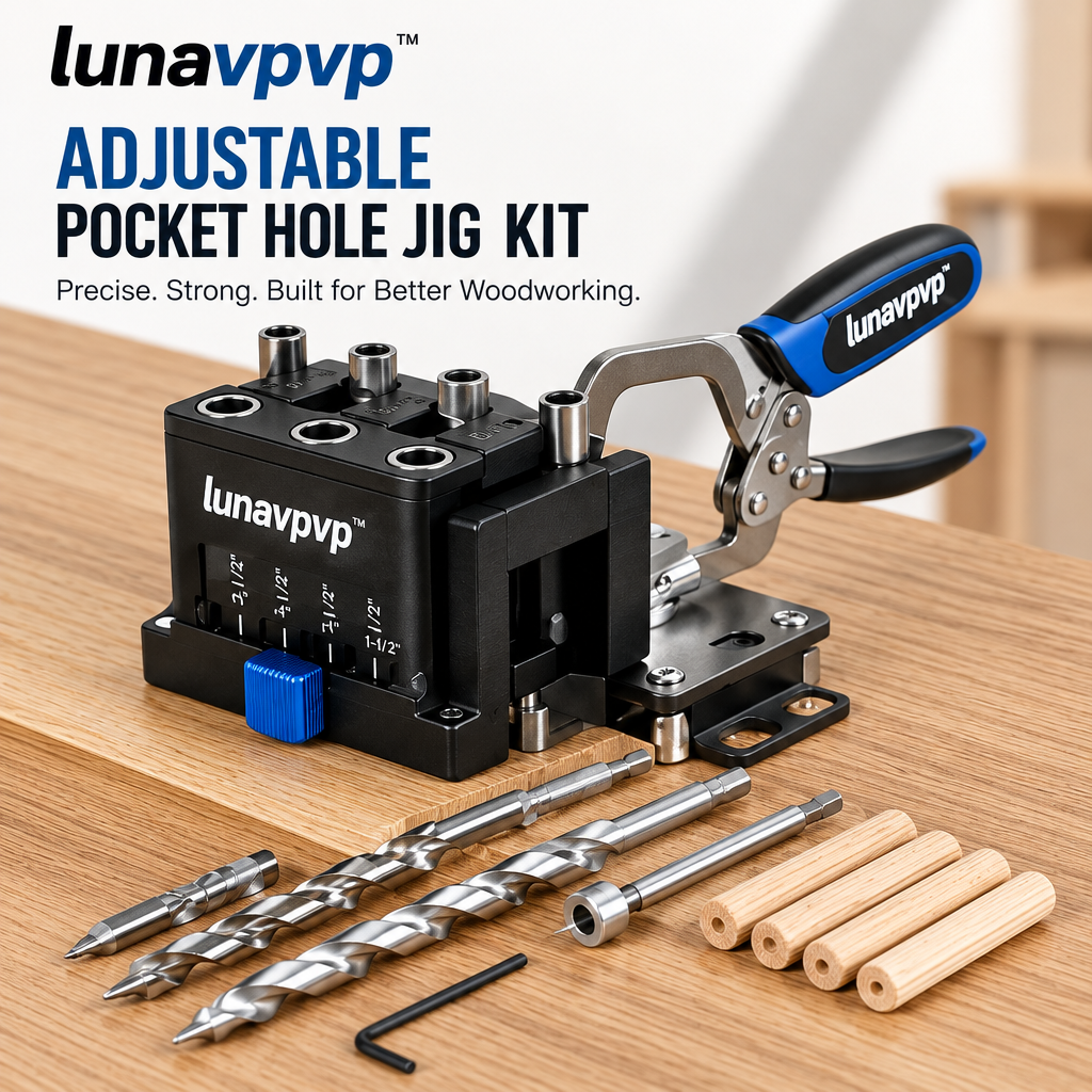 lunavpvp™ Pocket Hole Jig Kit, Adjustable Drill Guide for 1/2–1-1/2-Inch Stock with Face Clamp and Storage Case