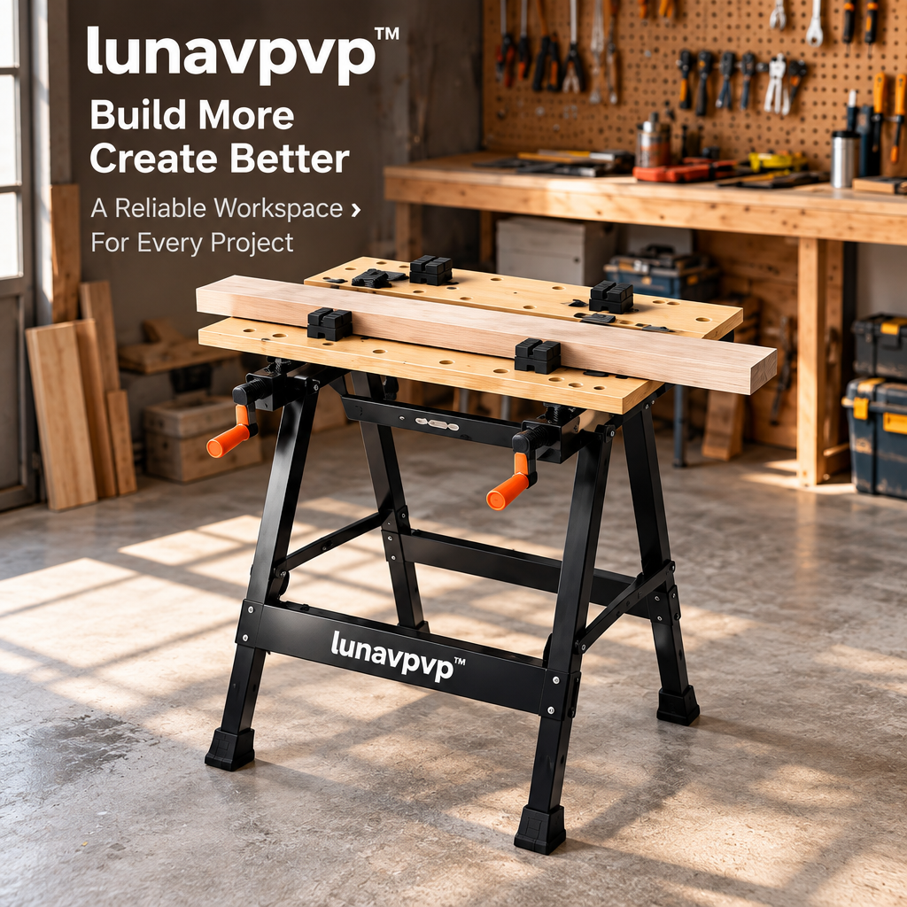 lunavpvp™ Folding Clamping Workbench, Portable Woodworking Table with Split Top, Dual Vise Handles and Four Bench Dogs