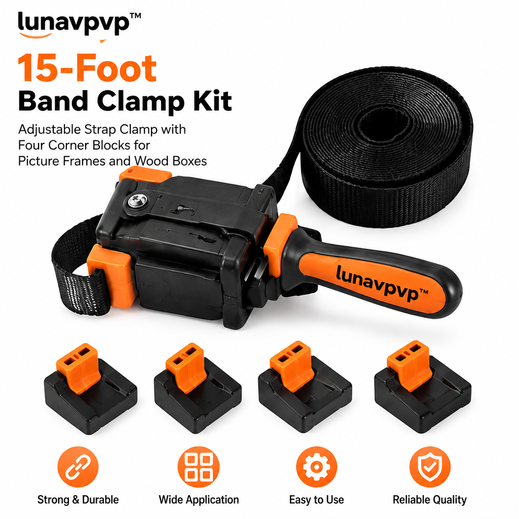 lunavpvp™ 15-Foot Band Clamp Kit, Adjustable Strap Clamp with Four Corner Blocks for Picture Frames and Wood Boxes