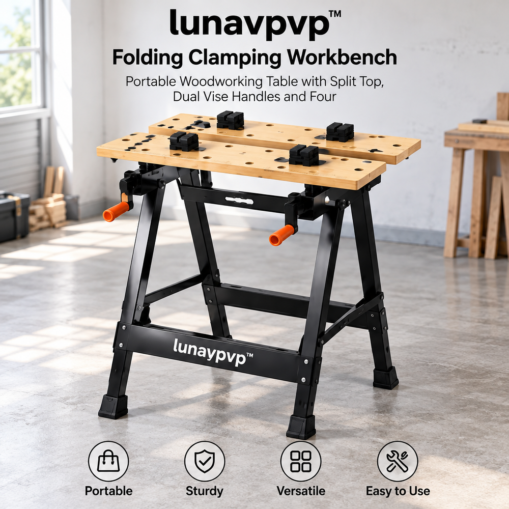 lunavpvp™ Folding Clamping Workbench, Portable Woodworking Table with Split Top, Dual Vise Handles and Four Bench Dogs