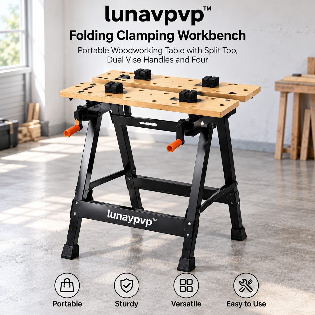 lunavpvp™ Folding Clamping Workbench, Portable Woodworking Table with Split Top, Dual Vise Handles and Four Bench Dogs