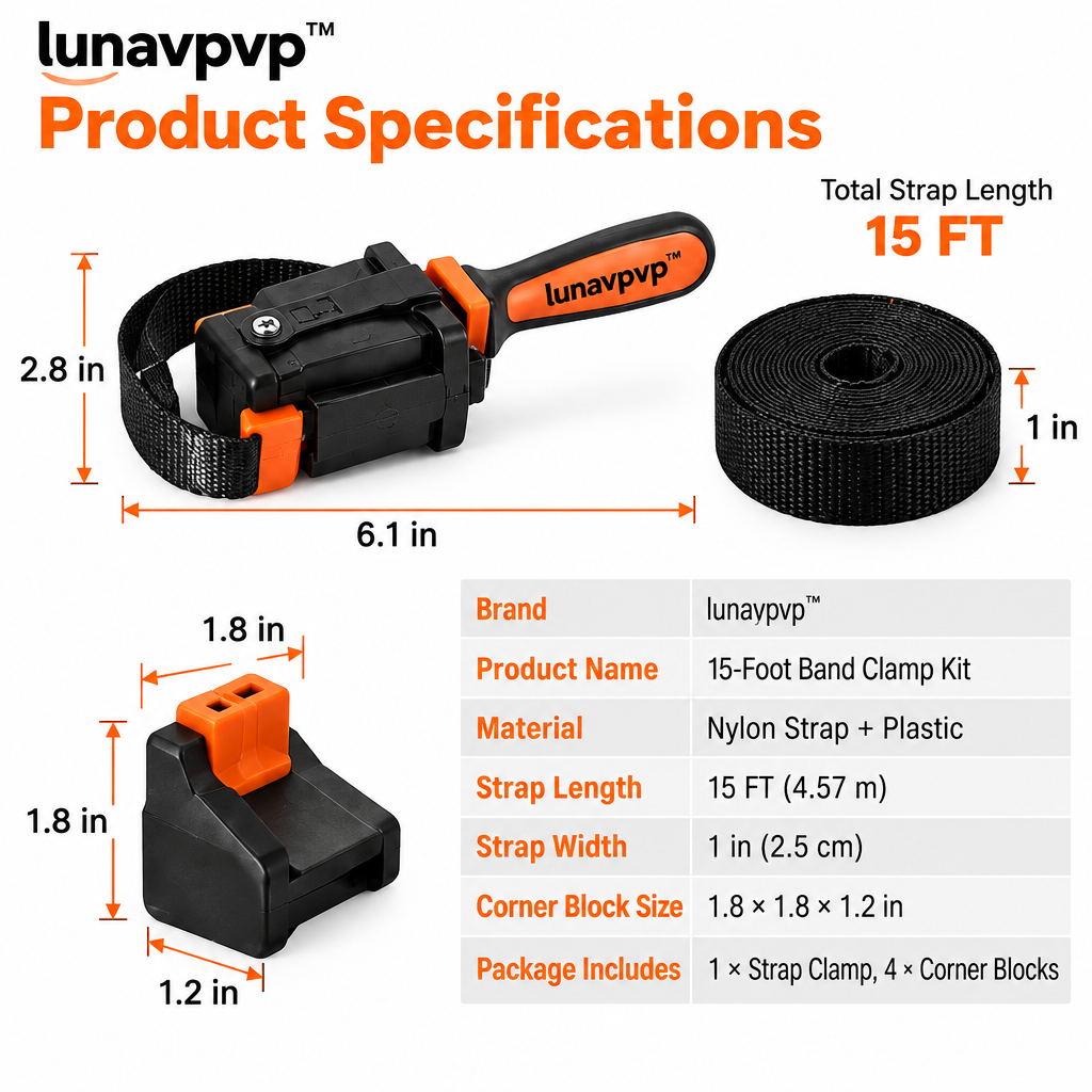 lunavpvp™ 15-Foot Band Clamp Kit, Adjustable Strap Clamp with Four Corner Blocks for Picture Frames and Wood Boxes