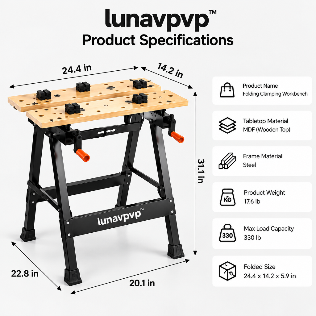 lunavpvp™ Folding Clamping Workbench, Portable Woodworking Table with Split Top, Dual Vise Handles and Four Bench Dogs