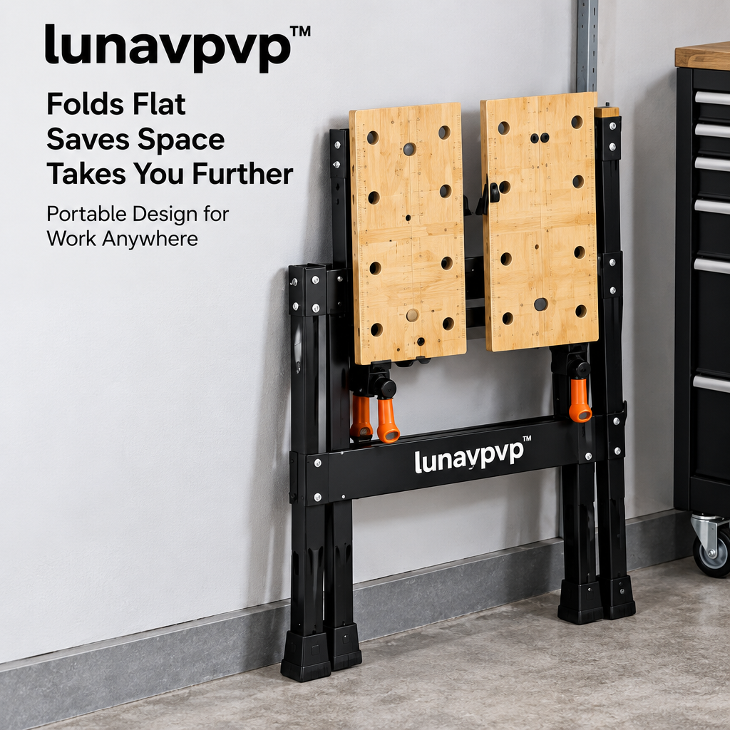 lunavpvp™ Folding Clamping Workbench, Portable Woodworking Table with Split Top, Dual Vise Handles and Four Bench Dogs