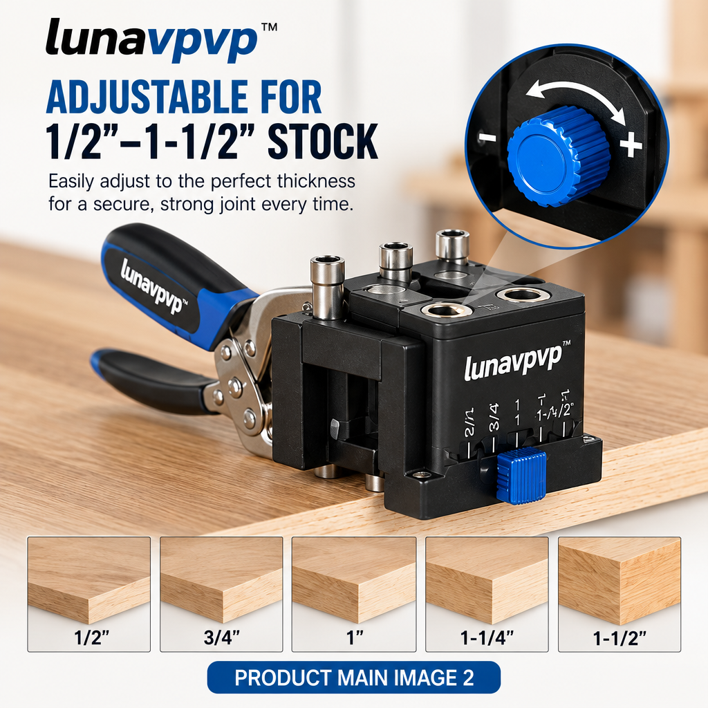 lunavpvp™ Pocket Hole Jig Kit, Adjustable Drill Guide for 1/2–1-1/2-Inch Stock with Face Clamp and Storage Case
