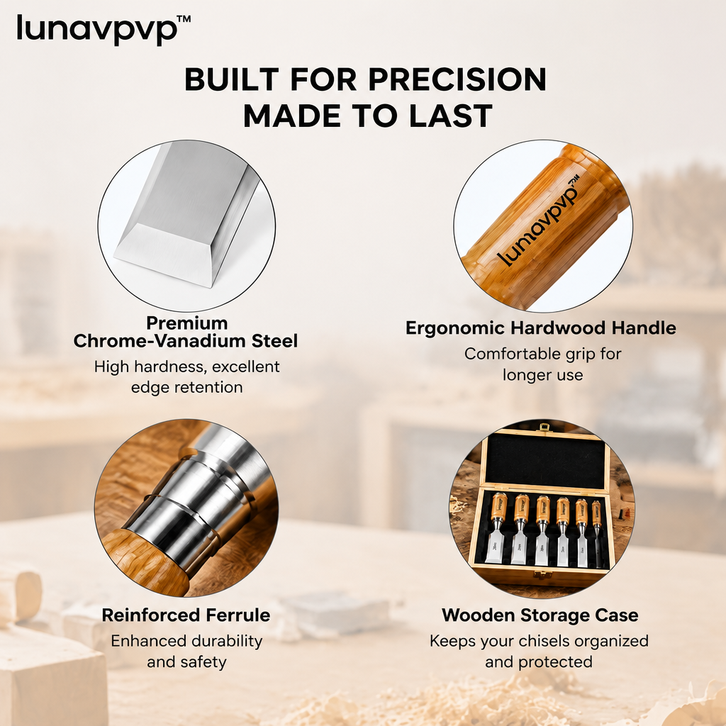 lunavpvp™ Bevel-Edge Wood Chisel Set, 6-Piece, Chrome-Vanadium Steel Blades with Hardwood Handles and Storage Case
