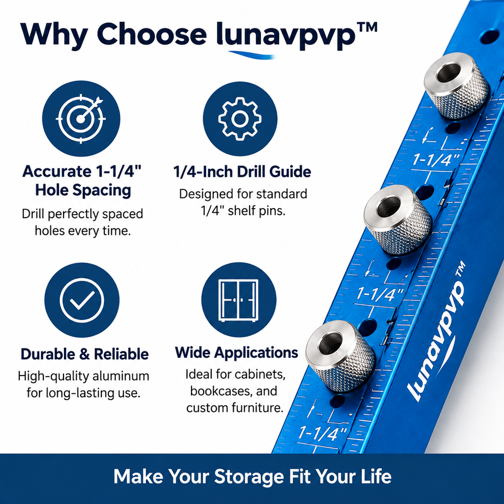 lunavpvp™ Shelf Pin Drilling Jig Kit, 1/4-Inch Drill Guide with 1-1/4-Inch Hole Spacing for Cabinets and Bookcases