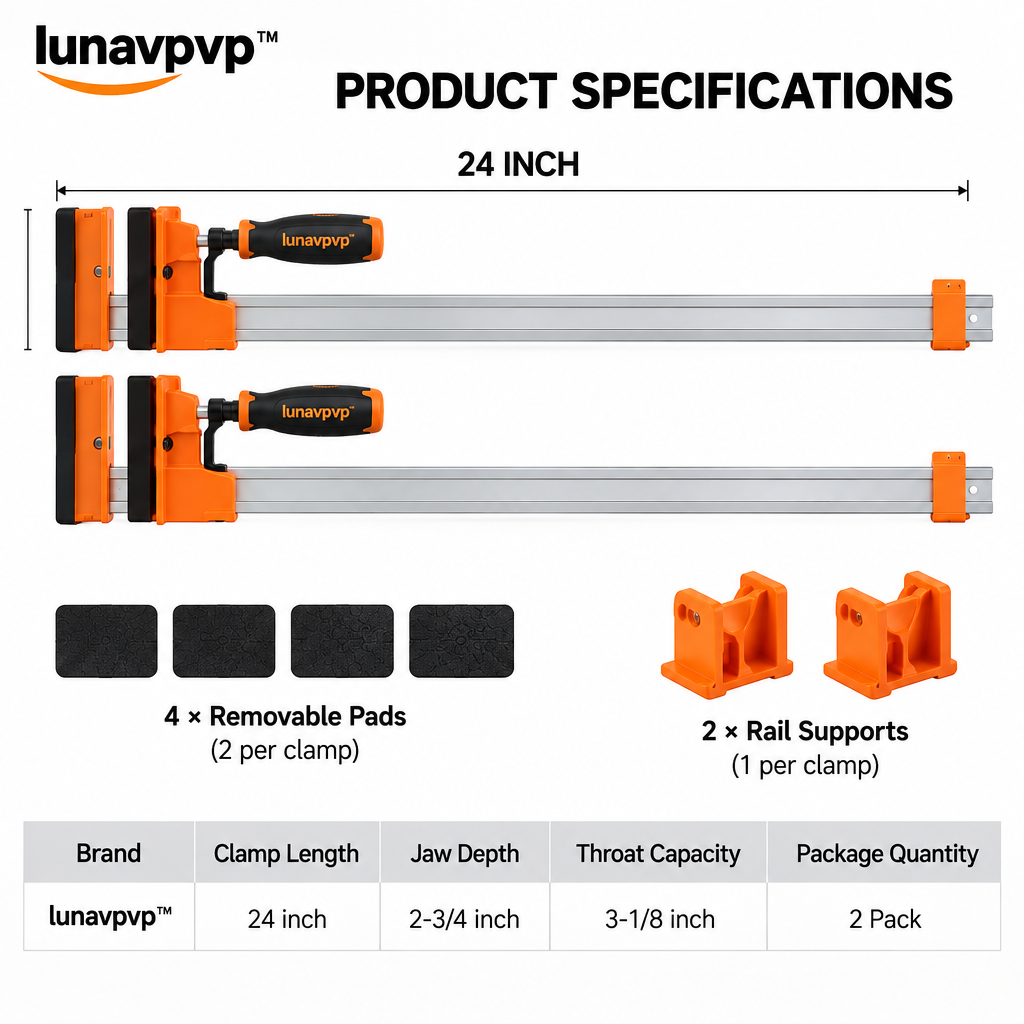 lunavpvp™ 24-Inch Parallel Jaw Clamp Set, 2-Pack, Panel Glue-Up Clamps with Removable Pads and Rail Supports