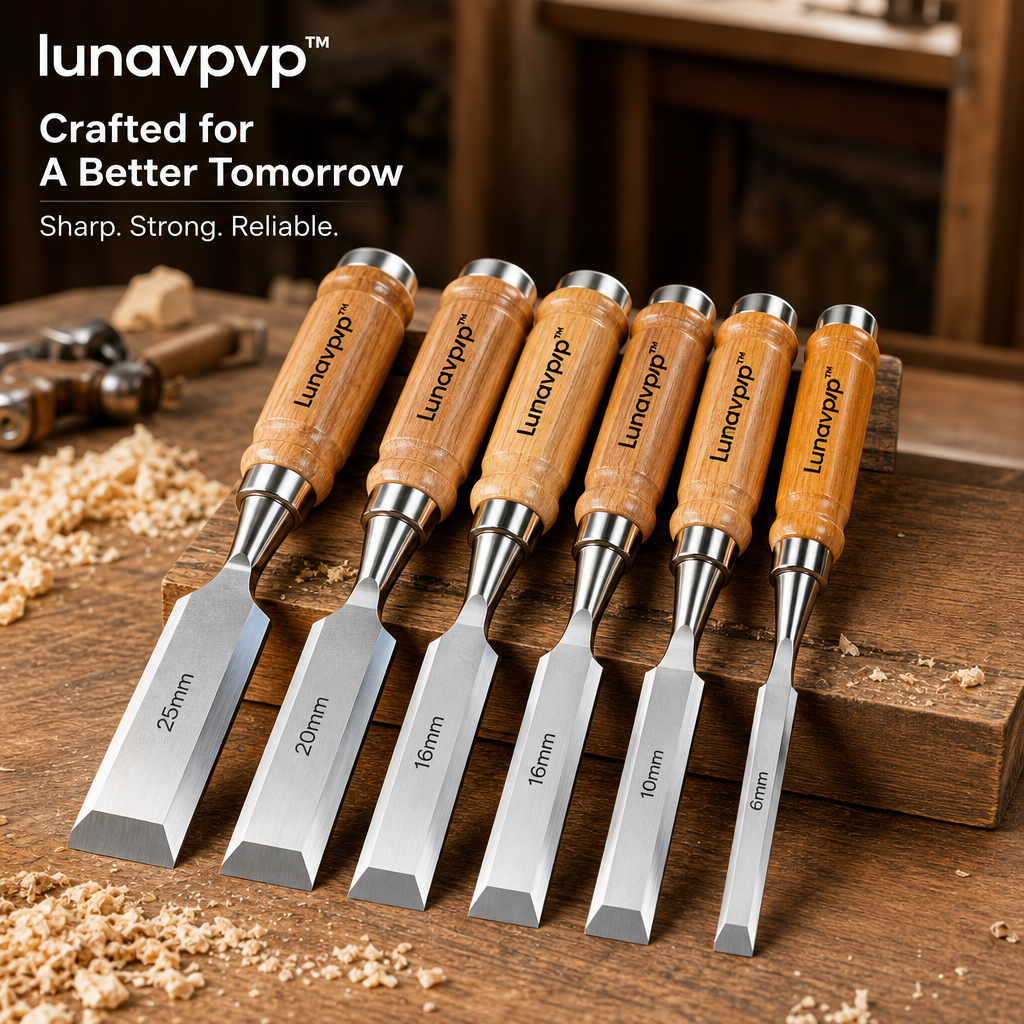 lunavpvp™ Bevel-Edge Wood Chisel Set, 6-Piece, Chrome-Vanadium Steel Blades with Hardwood Handles and Storage Case