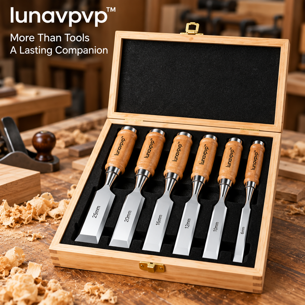 lunavpvp™ Bevel-Edge Wood Chisel Set, 6-Piece, Chrome-Vanadium Steel Blades with Hardwood Handles and Storage Case