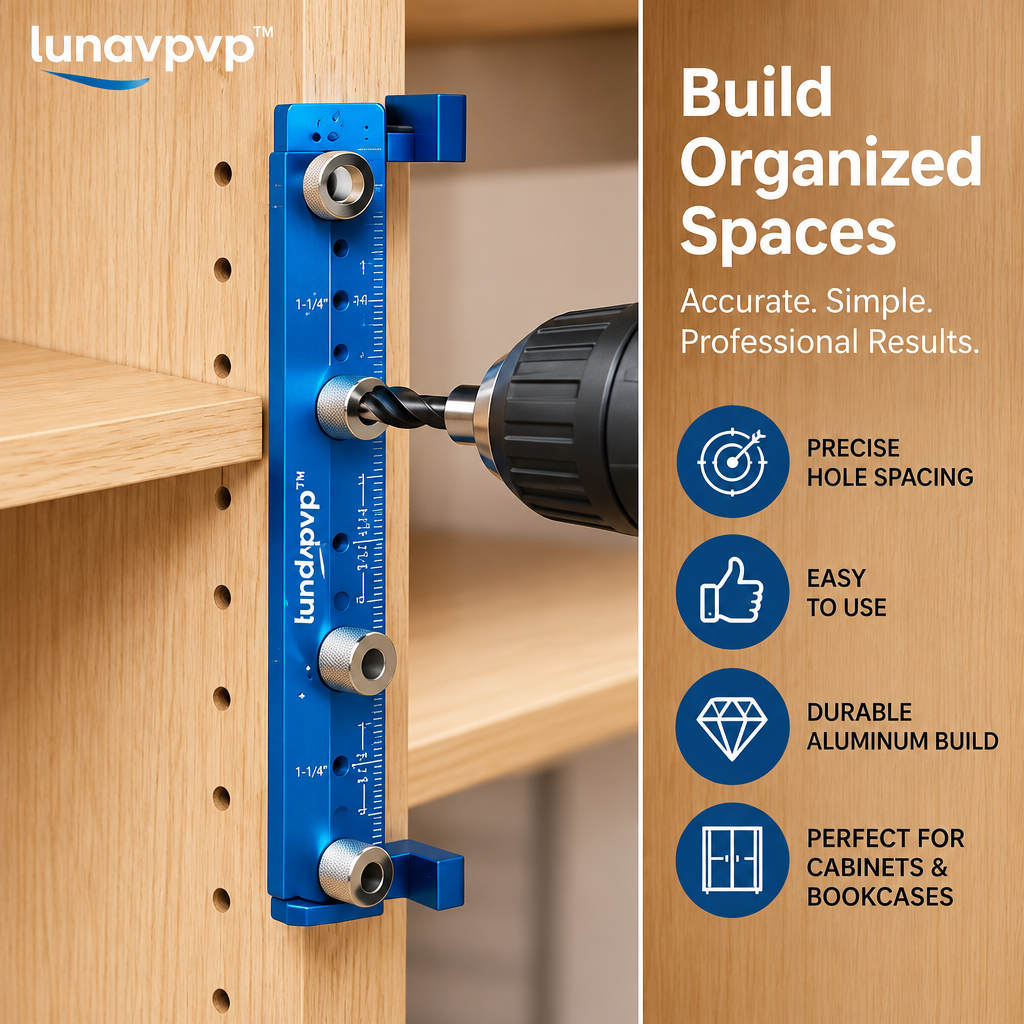 lunavpvp™ Shelf Pin Drilling Jig Kit, 1/4-Inch Drill Guide with 1-1/4-Inch Hole Spacing for Cabinets and Bookcases