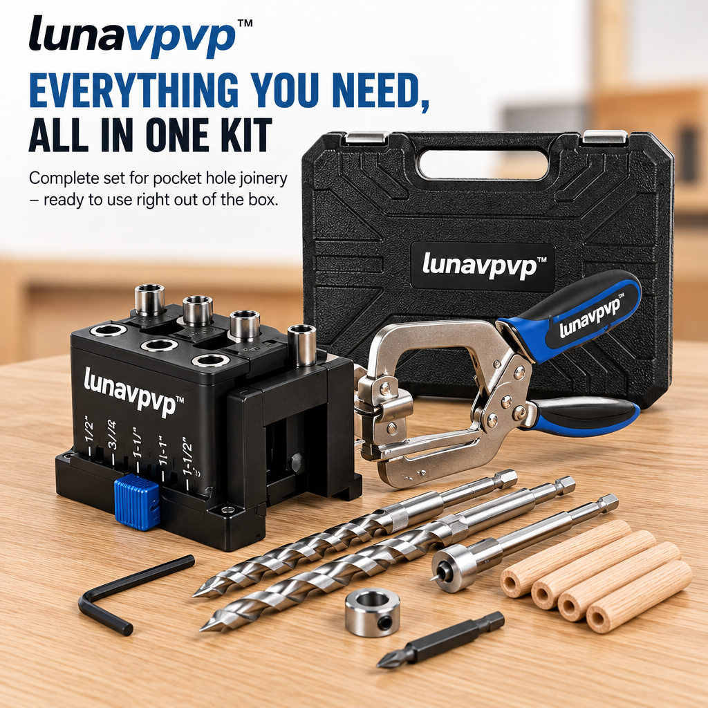 lunavpvp™ Pocket Hole Jig Kit, Adjustable Drill Guide for 1/2–1-1/2-Inch Stock with Face Clamp and Storage Case
