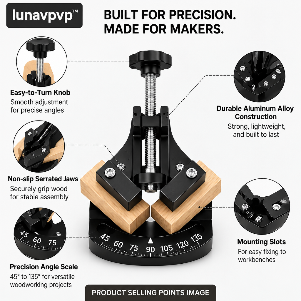 lunavpvp™ Adjustable Angle Positioning Clamp, 45–135 Degree Woodworking Assembly Jig for Frames and Angled Joints