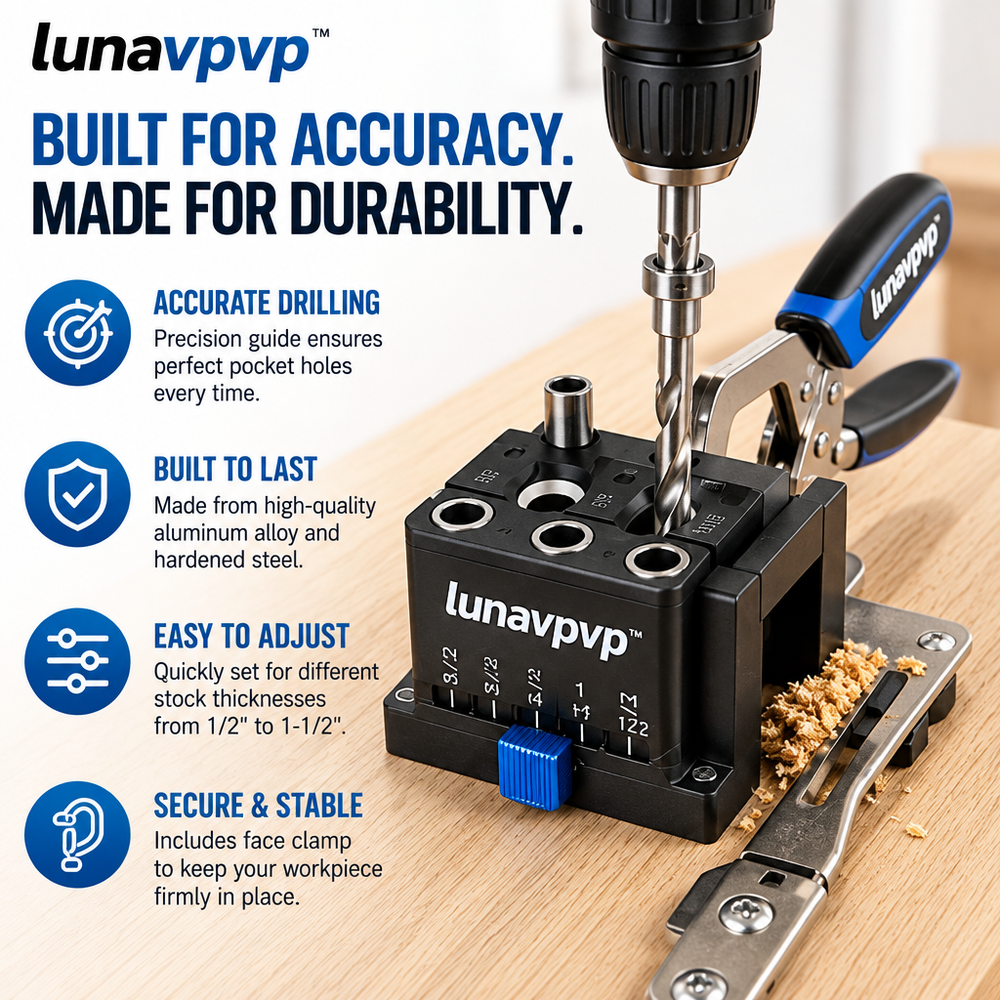lunavpvp™ Pocket Hole Jig Kit, Adjustable Drill Guide for 1/2–1-1/2-Inch Stock with Face Clamp and Storage Case